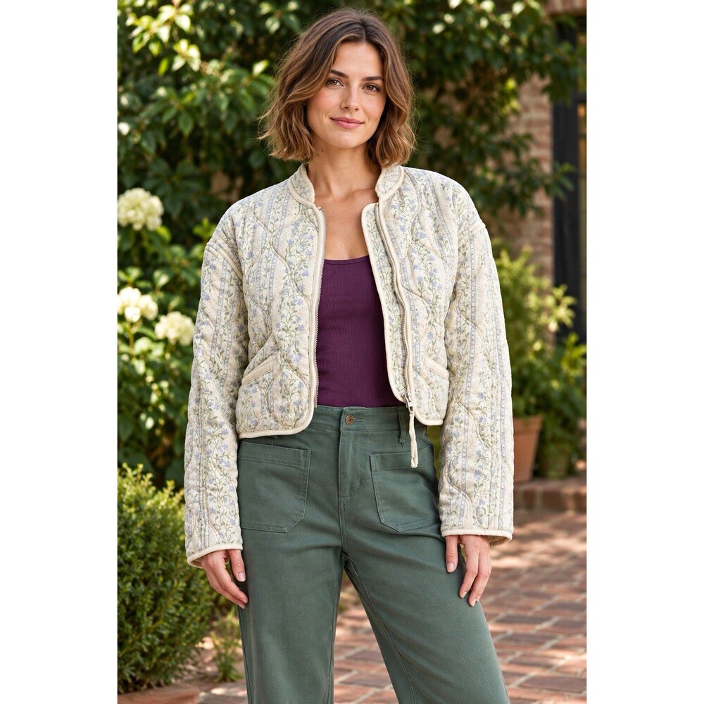 BLANKNYC Match Maker Floral Quilted Cropped Bomber Jacket Cream Blue